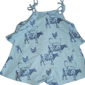 Kate Quinn Organic Cotton Farm Animal Romper 12-18M Blue Cow Sheep Chicken Print